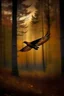 Placeholder: Mostrar pájaro marrón volando en bosque al amanecer como Vincent van gohn