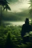 Placeholder: an anonymous man facing towards fantasy jungle lake marijuana trees