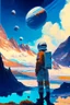 Placeholder: One astronaut looking at sky, planet in thrlake, mountains, sci-fi, hans am ende, and henry luyten impressionism paintings