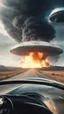 Placeholder: The image shows a photograph with a science fiction theme. Reflected in a side-view mirror, we see a car with passengers, driving on a desolate road. In the background, a large UFO hovers in the sky while multiple explosions erupt in the distance, sending up clouds of smoke and fire. The mirror's border frames this chaotic scene, juxtaposing a calm, seemingly oblivious drive with the dramatic events unfolding behind.