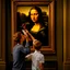 Placeholder: Mona Lisa comes out of the picture and kisses a young man who is standing in the museum looking at her picture