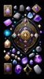 Placeholder: There is a magic amulet in the center around it there are magic stones, tarot cards on a black background