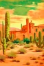 Placeholder: A light rosy orange colored desert with a cactus palace painted by Vincent van Gogh