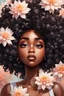 Placeholder: Create a expressive oil painting art cartoon image of a curvy black female looking up with her eyes close. Prominent make up with lush lashes. Highly detailed tight curly large black afro. Her hand is touching her face while she embraces the calmness. Background of white and peach dahlia flowers surrounding her
