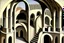 Placeholder: arches arranged in a semicircle, in the middle a slim round tower with an external spiral staircase, symmetrical, by artist "de Chirico",by artist by artist "Escher"