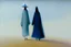 Placeholder: two people without gender seen from behind walking side by side in an empty foggy plain, above there is blue sky by artist "Leonora Carrington"