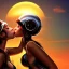 Placeholder: great illustrator, spanish, realistic rendering of a cute spanish girl kissing a cybergirl with helmet, beautiful, steampunk style. Helmet with tubes. Machinery in the background. robotic bird flying. High details. 4k. unreal engine, sunset