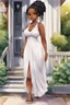 Placeholder: Create an watercolor image of a curvy chibi black female wearing a white maxi sundress with black sandals. Her hair is highly detailed with black long locs in a messy bun. Prominent make up with brown eyes. She is wearing diamond hoop earring and jewelry. She is standing on the front porch of her house.