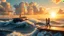 Placeholder: a big ship in oecieon in powerfull waves ,a beautiful sun set and dreamy clouds , young couple dancint on deck and flowers flows from deck to water