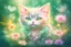 Placeholder: double exposure, merged layers, diaphanous colorful transparent light cute chibi anime cat with glowing center on green leaves and flowers, heart and love, pastel colors, melting watercolor on wet paper, soft strokes, shading colors, ethereal, otherwordly, cinematic postprocessing, bokeh, dof in sunshine