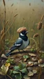 Placeholder: A magpie on the ground on a Muslim kaliffat Turban cover in a forgotten battlefield overrun by vegetation, cutesy tiktok detailed oil painting, grainy, old style