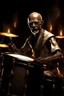 Placeholder: 4K realistic, Gandhi playing drums in a metal band, black background, bright flames all around