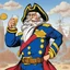 Placeholder: an old Captain Crunch standing in a Captain Morgan pose