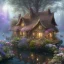 Placeholder: high-quality, fine-detail beautiful magical cottage with a clear, reflective lake, flowers, butterflies, small globes of iridescent light, tranquil, gorgeous, 8k resolution, 3D octane render, intricate, digital art, detailed matte, volumetric lighting, George Grie, Anne Dittman, Anne Stokes, Lisa Parker, Selina French, Alphonese Mucha