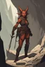 Placeholder: A DnD character. A female horned Tiefling ranger with pointy ears standing in a cave. The Tiefling has a little pterosaurs on her shoulder and a rapier in her hand.