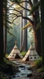 Placeholder: A Native American tents in the wood with a huge trees , river stream in the middle , ,