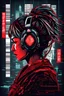 Placeholder: vector t-shirt design ready to print, cyberpunk, illustration profile of red led female samurai in a mask, wearing over head headphones staring down, side view looking to the right, tokyo Japanese background, pro vector, high detail, vibrant, Japanese hologram symbols, barcode design