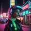 Placeholder: street photography of a woman on the street, night time, cyberpunk neon lights, 16mm , perfect photography, 1980's,vhs footage,wearing futuristic VR, low light,shot by jvc gr-sz7,glitch