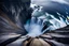 Placeholder: massive intimidating rock cliffs ascend all around and further up out of view. far below, the stormy ocean swirls intimidatingly. The ocean water falls off a waterfall down into a circular pit
