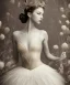 Placeholder: vintage sepia photo of beautiful, stunning ballerina with white feather crown wrapped around head, glittery bodice, close-up half-body portrait, sepia, background of flowers, gauzy white curtains, candles, dreamlike, sepia photography, centered, 8k resolution, high-quality, fine-detail, intricate, detailed matte, volumetric lighting, photo-realistic, candles, translucent gown, illustration, 3D octane render, brian froud, howard lyon, selina french, annie stokes, lisa parker, greg rutowski