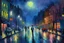 Placeholder: oil paint, people walking at night on a raining street, night lights, colours, trees without leaves, moon behind clouds, extra ordinary details