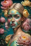 Placeholder: PHOTOREALISTIC PORTRAIT OF A GIRL of Cirque dU soleil, WALKING ON THE SHORE AT THE MOONLIGHT, AND EMBRACING PINK YELLOW PEONIES, VIVID METALLIC colors: torquoise, pale salmon, persimmon, grey-green , pale lemon yellow, greenish gold, metallic bronze. ULTRA detailed; CORRECT anatomy, FACE and eyes, HIGH RESOLUTION AND DETAILS, HIGH DEFINITION, STYLE BY RAFFAELLO, MICHELANGELO,