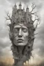 Placeholder: surrealis monochrome A fragmented, surreal sculpture liguid color of photorealistic image 3d,psychedelic art of an castle glossy emerging from dreamlike a crumbling building. The face appears pale with deep cracks and intricate details, evoking a haunting expression. Blackened tree branches intertwine with the gold mengkilat cracks, set against a backdrop of stormy, cloud-filled skies. bauhaus art The overall tone is dark and moody, suggesting themes of decay and transformation.