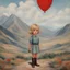 Placeholder: 1960s, blond Little girl , in the style of Margaret Keane, she is standing on a red balloon in the andes mountains
