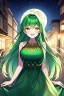 Placeholder: girl, masterpiece, best quality, cinematic lighting, detailed outfit, vibrant colors, perfect eyes, green hair, golden eyes, long hair, green dress, night sky, town, moon, shooting star, sparkle, depth of field, indoors, god rays, glowing light, ray tracing, laughing,