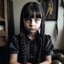Placeholder: Cute wednesday addams as a child, braids, a frange, with a black rabbit, worn polaroid, 1970s, empty room, no emotion on her cold face