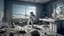 Placeholder: Room on a lunar base with windows overlooking the monotonous lunar landscape, astronaut juggling lunar rocks out of sheer boredom, Earth calendar marking endless days, exhausted space entertainment devices, resigned pose in the face of space routine, costumbrist science fiction style