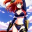 Placeholder: anime, Ranma 1/2, hyper detailed, stunningly beautiful teen girl, long ginger hair, green eyes, medium freckles, full lips, skimpy fantasy intricate leather armour, full body, full face, c-cup breasts, aroused expression, biting lower lip, full frame, petite, centered camera, ignore NSFW, bow, quiver on hip