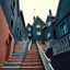 Placeholder: Fotografia di strada assurda e falsa orripilante blu weirdcore dai colori vivaci, liminalcore. Scale che scendono. Yves Tanguy. Non luogo falso, inusuale. Le case sono false e dipinte di nero chiaro con cose stilizzate e dettagli. Ci sono finestrelle false quadrate, che danno un senso distopico e molto surreale, disposte in modo casuale. L'atmosfera generale sembra noiosa e onirica, con un contrasto tra elementi reali ed elementi dipinti falsi, René Magritte, oddest things