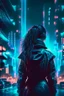 Placeholder: Noir, woman from the back silhouetted by neon lights facing empty night futuristic city in photorealistic style, cyberpunk, ice blue neon signs, street level view, raytracing, depth of field, cinematic, highly detailed, rim lighting