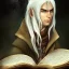 Placeholder: portrait of friendly elf with white hair in beige coat reading a large book, fantasy character art, concept art, somber, gloomy lighting, 3d concept art, stylized