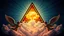 Placeholder: a nuclear explosion cloud(middle) framed from behind by a triangle of stained glass surrounded by radiant lines from the center, the wind and smoke from the explosion forming shapes of attractive dancing women with small angel wings(left and right foreground) like cherubs in the clouds, religiose art