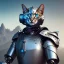 Placeholder: a cat-like robot with blue eyes and cyber elements wearing a medieval armor, small mountains in background, high detail, photo, 8k, ray-tracing