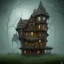 Placeholder: spooky crooked old house that looks like an ultra detailed ornat clock, dark fantasy