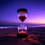 Placeholder: an hourglass on a beach at night, dark purple light
