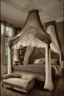 Placeholder: Beautiful ornate four post canopy bed in a dark colored bedroom, victorian