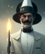 Placeholder: Docotor, black small mustache, white toxido, black tie, black hat, head and shoulders portrait, 8k resolution concept art portrait by Greg Rutkowski, Unreal Engine 5 volumetric lighting