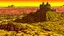 Placeholder: Desert warrior from behind looking at a city on a plato in the distance, comic style