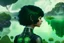 Placeholder: Photo of a skinny woman with a black bob hairstyle, in a green and silver android suit, looking at flying dandelion heads with octopus tentacles looking out over a lake, in an alien forest, with tall narrow cloud trees