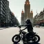 Placeholder: Fire head skeleton Rider wearing a black leather on black motorcycle in the middle of street rounded by high tower in a City