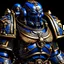 Placeholder: upper torso portrait of Adeptus Astartes, young african man, Mostly black with copper accents color palette , Primaris Space Marine Infiltrator armor, Depth of field, Warhammer 40K , highly detailed, cinematic lighting, symmetry, symmetrical, anatomically accurate, Chapter Master , raven on chest plate