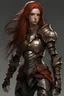 Placeholder: female with long red hair, wearing metal armor, whole body