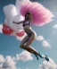 Placeholder: Ultra realistic speed clouds sky scene, wide angle view, sweet women falling down, inflatable color clothing, free jumping flying, many trinkets, hair monster, many jelly beans, balls, color smoke, smile, happy, circus style, extreme, wind, clouds sea, 20,000 feet altitude, stratosphere, soft color, highly detailed, unreal engine 5, ray tracing, RTX, lumen lighting, ultra detail, volumetric lighting, 3d, finely drawn, high definition, high resolution.