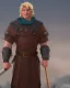 Placeholder: strong medieval warrior with short blond hair, blue eyes and wide warm smile with an axe with green and brown clothes