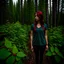 Placeholder: A person standing in a forested area in Alberta during the summer season, facing a patch of poison ivy. The plant has dark green leaves and small red berries that are clearly visible on its branches.