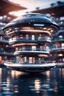 Placeholder: modular house boat that looks like a dark twisted alien space ship in advanced hi tech dock, bokeh like f/0.8, tilt-shift lens 8k, high detail, smooth render, down-light, unreal engine, prize winning